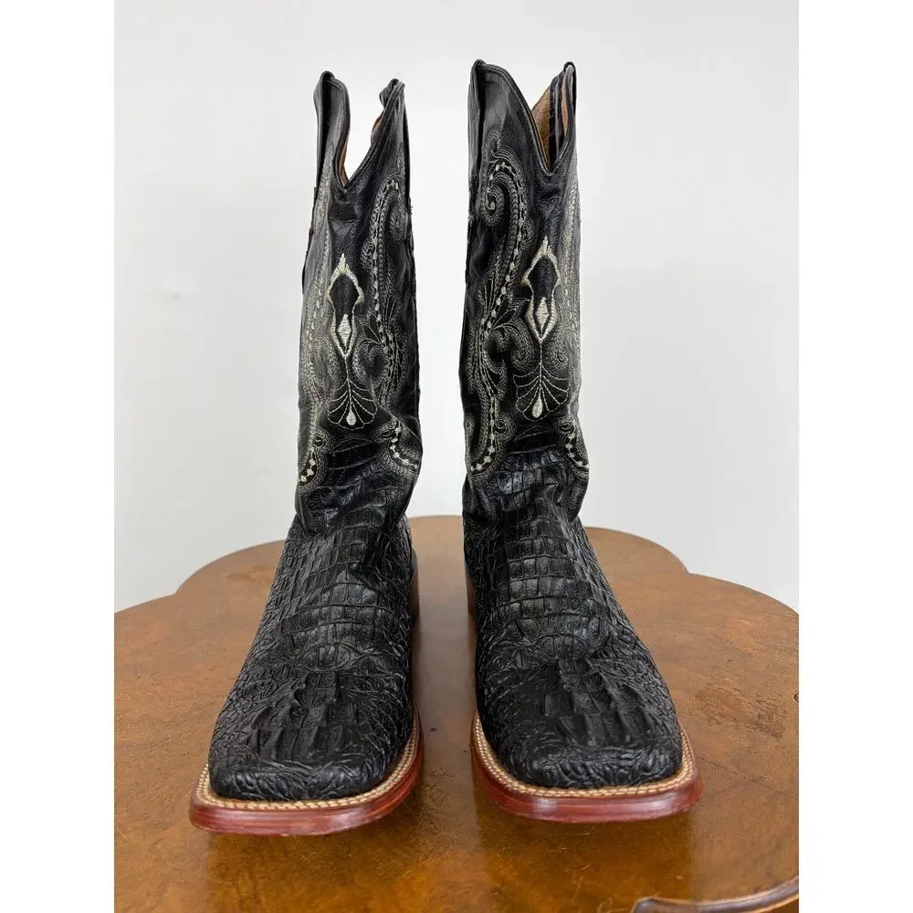Ferrini Black Embossed Crocodile Western Boots Men’s 8.5D Ivory Stitching Mexico